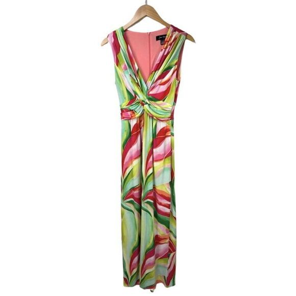Jessica Howard Maxi Dress Sz 6 Green Pink Tropical Floral Front Knot V-Neck - Picture 6 of 11